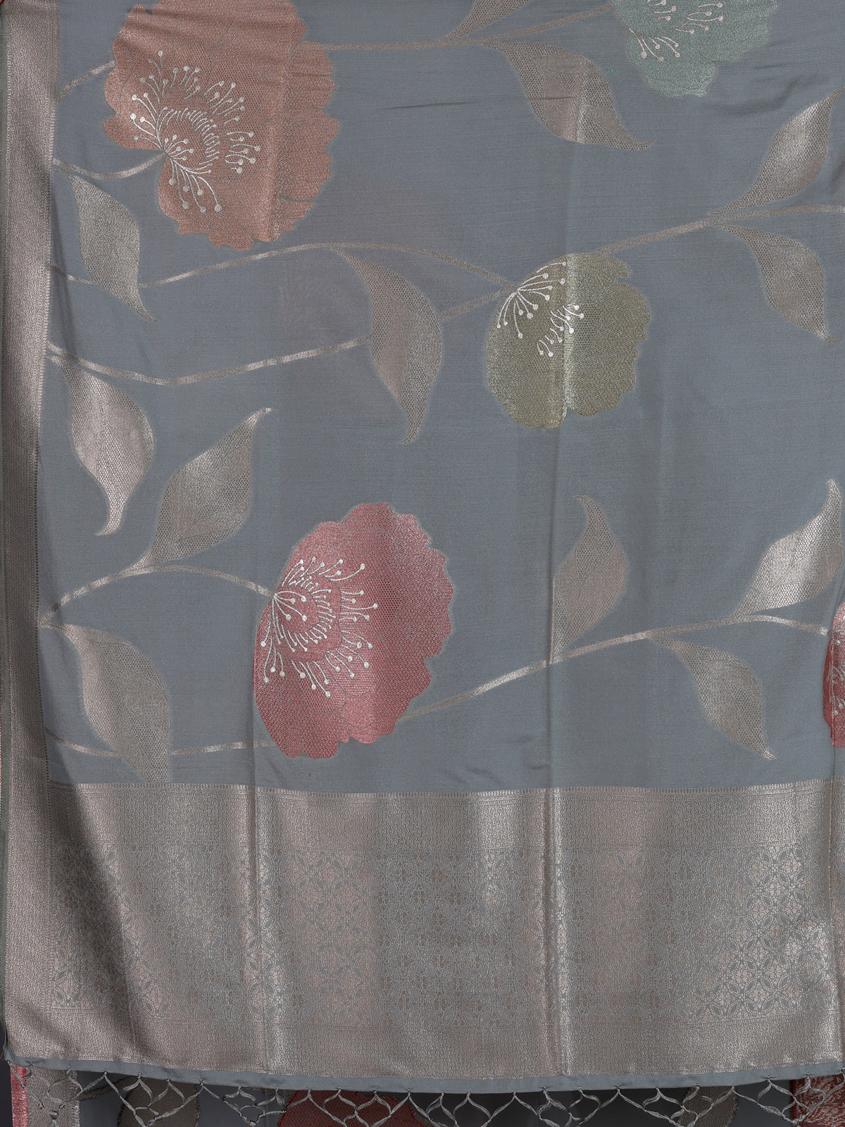 Grey women floral silver zari saree
