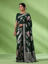 Green women floral silver zari saree