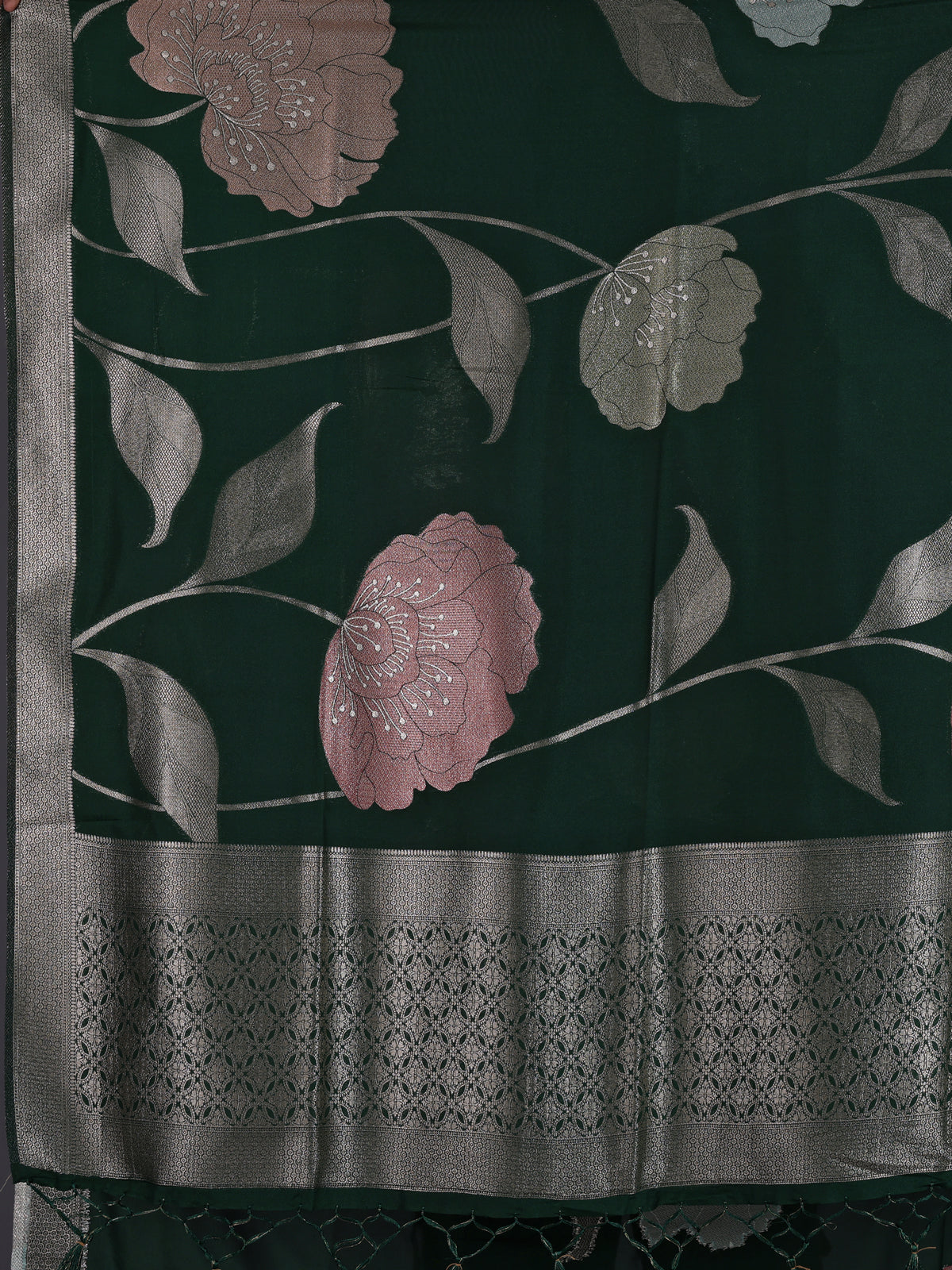 Green women floral silver zari saree