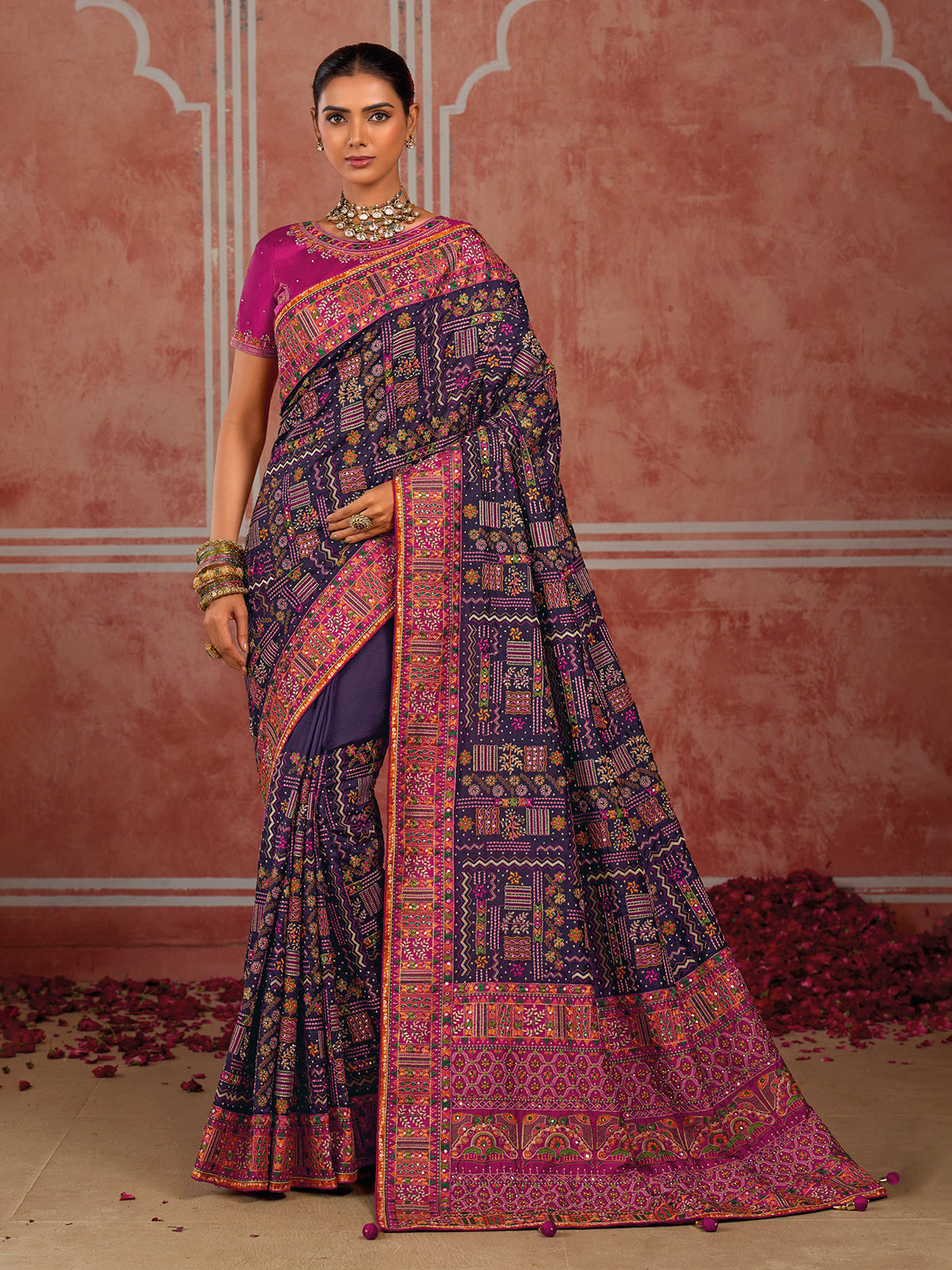 Purple shana silk heritage saree with unstitched blouse