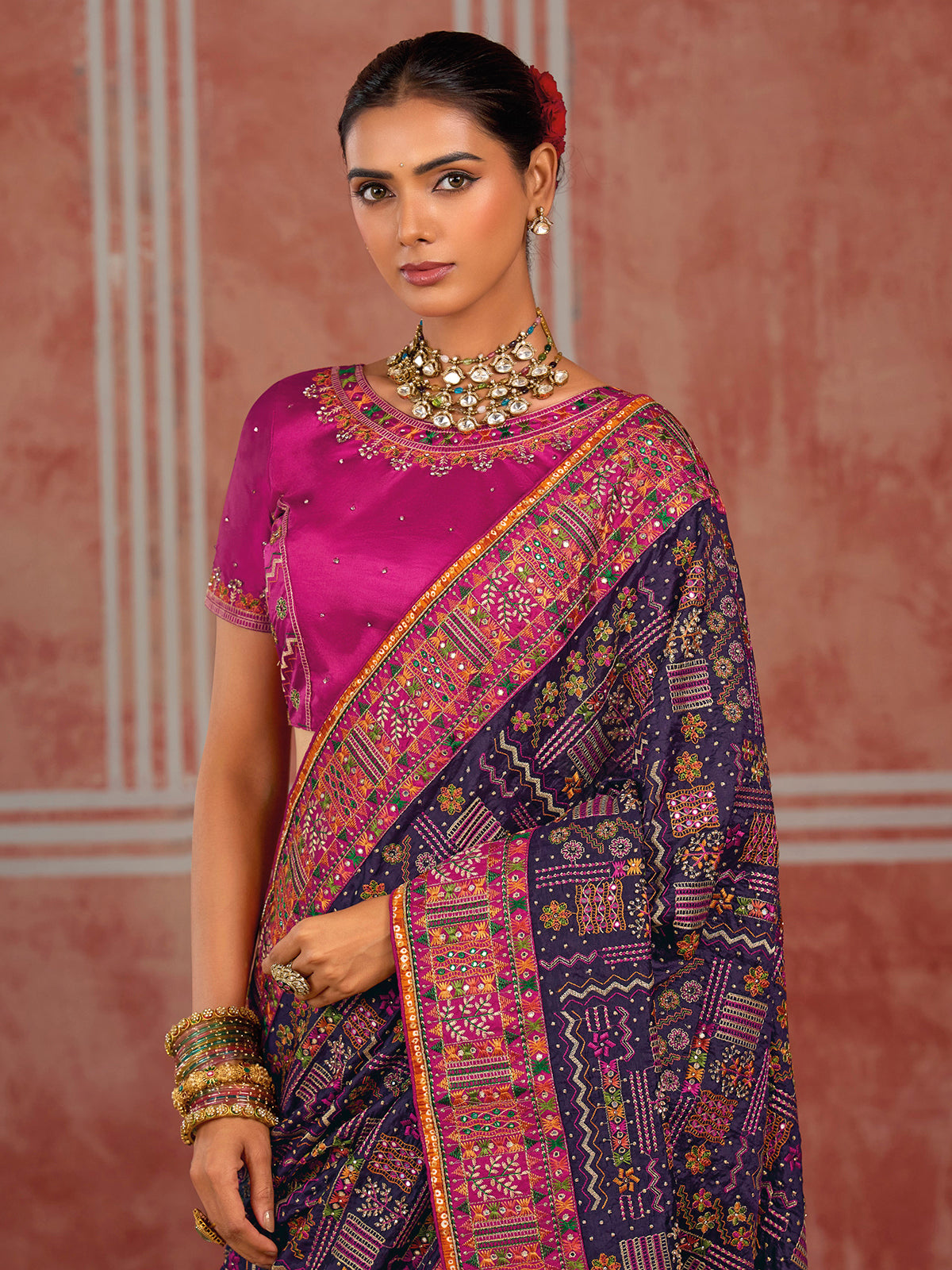 Purple shana silk heritage saree with unstitched blouse