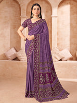 Purple printed crepe silk saree with unstitched blouse