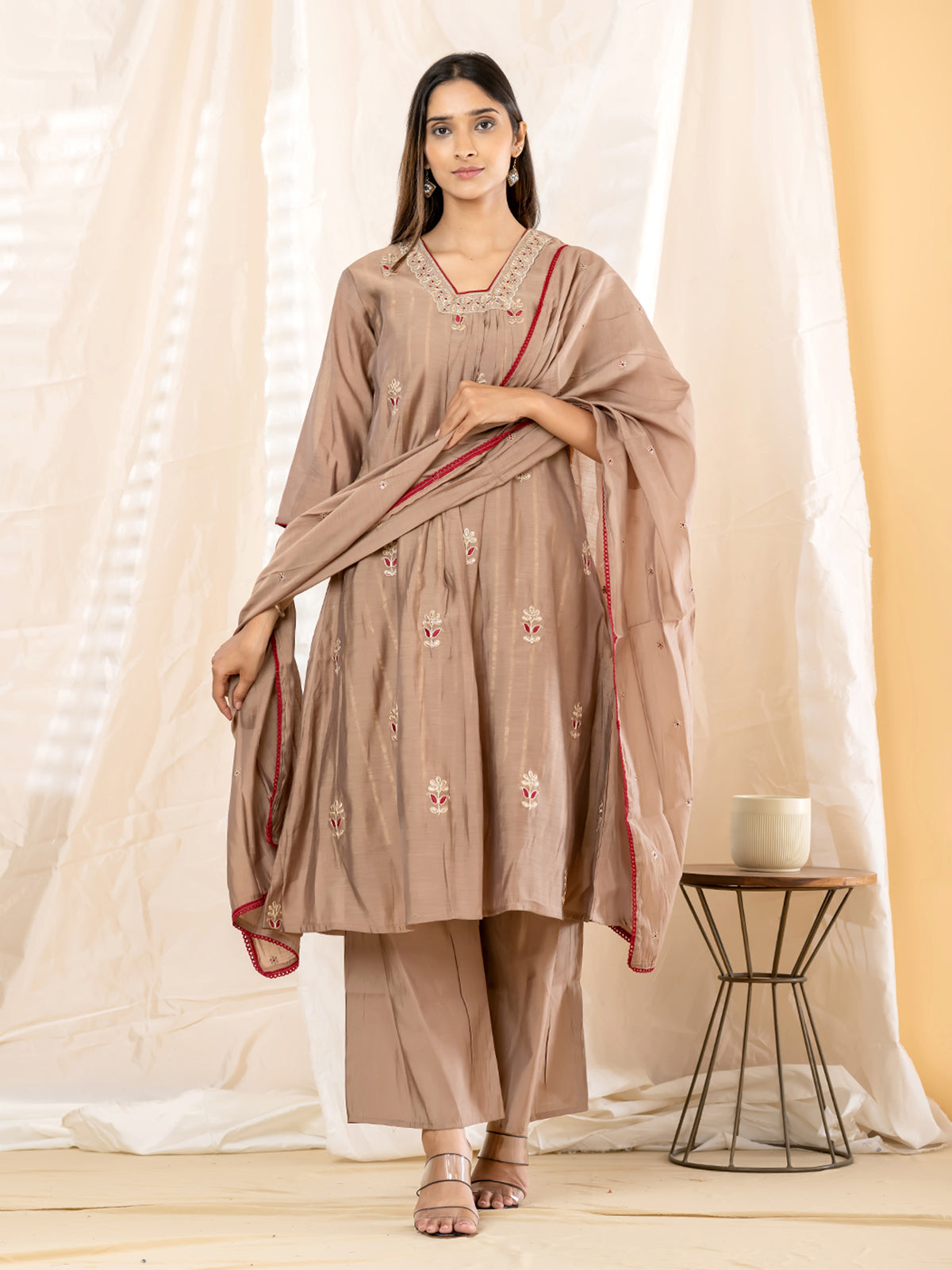 Beige floral anarkali women palazzo kurti set