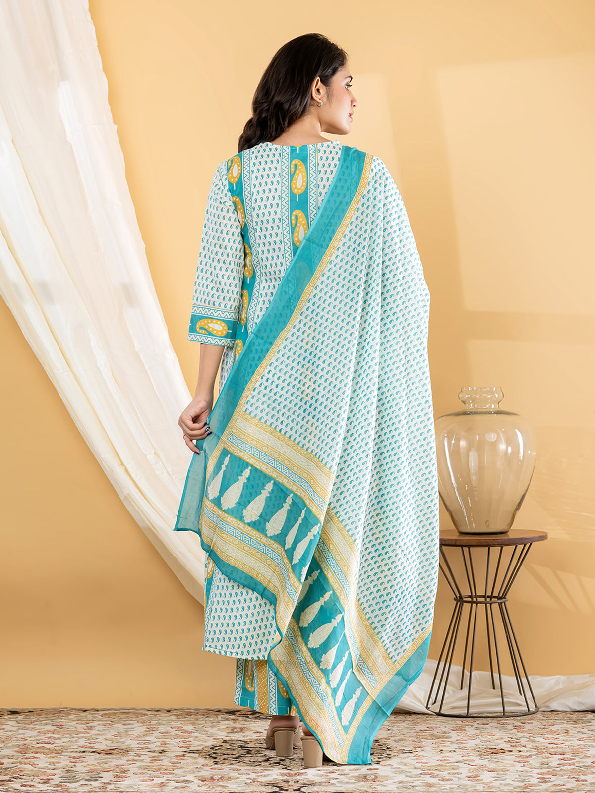 Sky blue paisley anarkali women pant kurti set