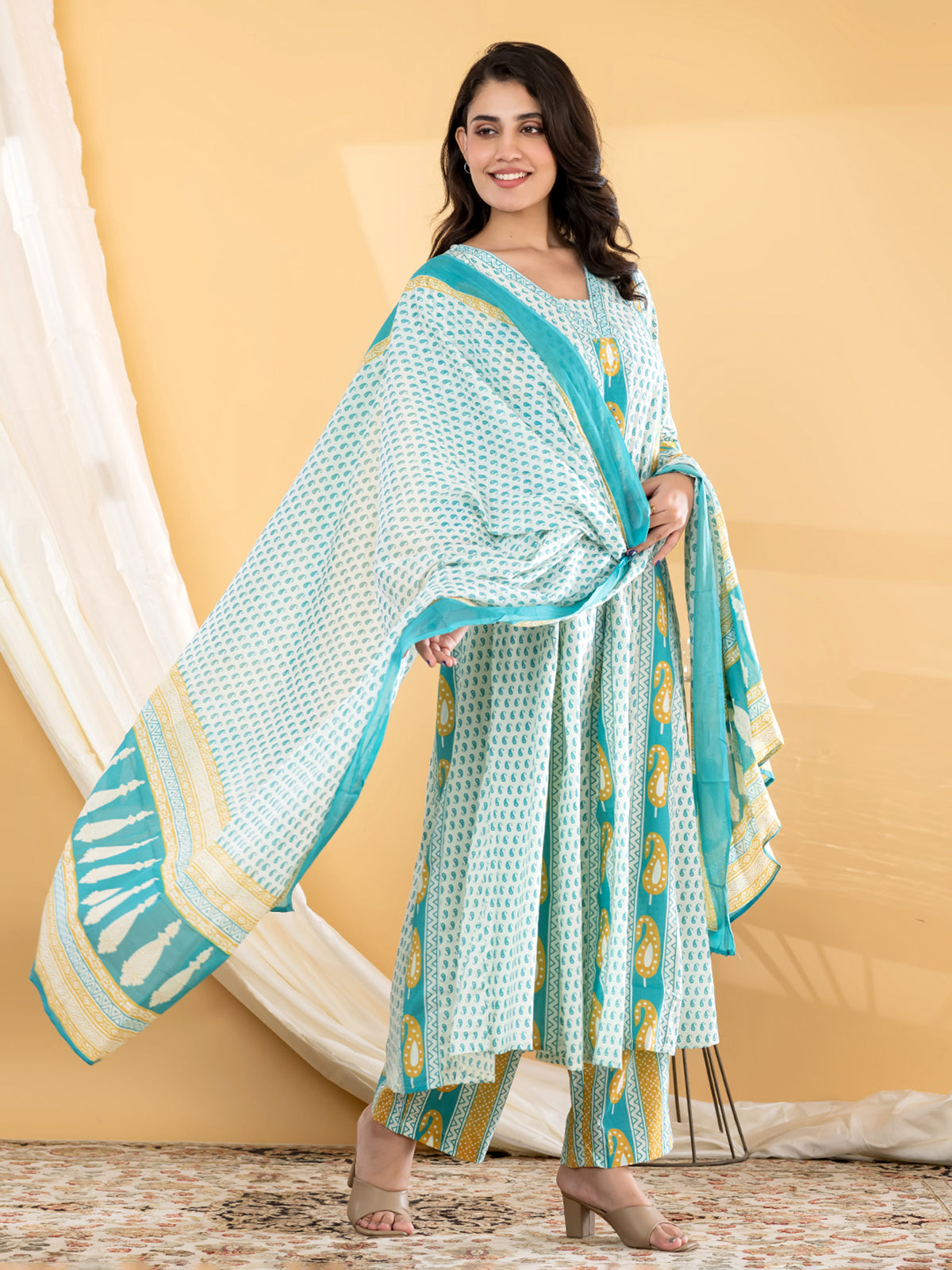 Sky blue paisley anarkali women pant kurti set