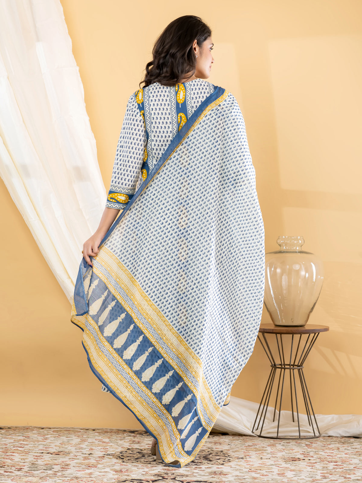 Indigo blue paisley anarkali women pant kurti set