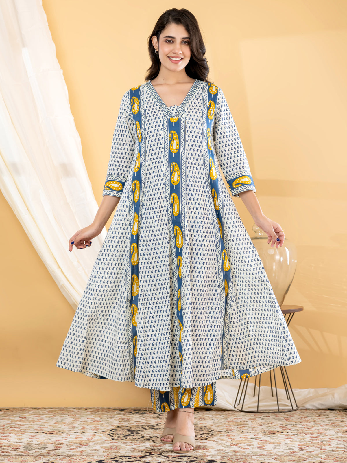 Indigo blue paisley anarkali women pant kurti set