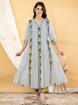 Indigo blue paisley anarkali women pant kurti set