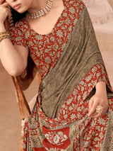 Brown printed crepe silk saree with unstitched blouse