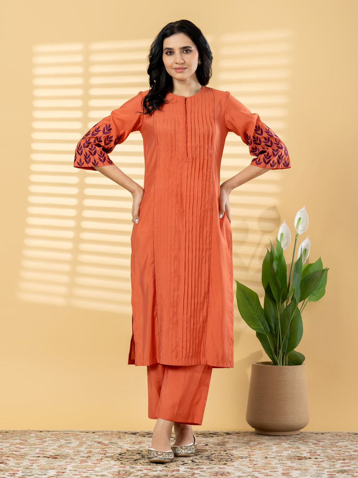 Dusty orange pin tuck women pant kurti set