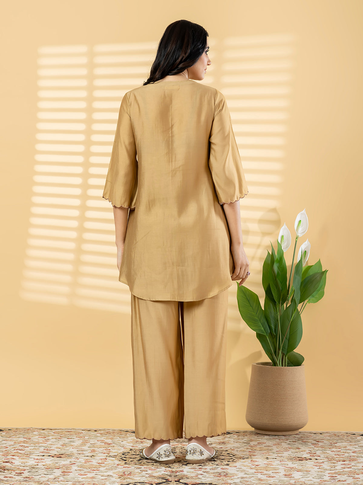 Gold floral patchwork women palazzo kurti set