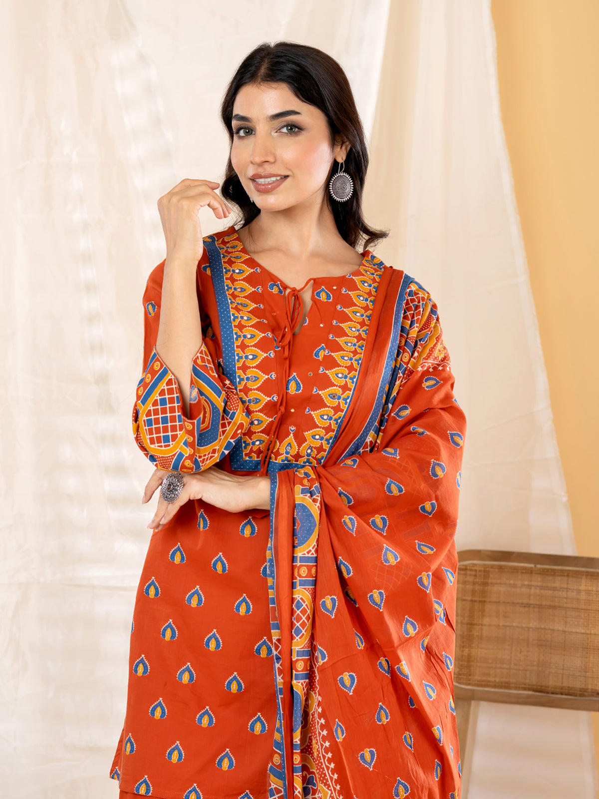 Rust orange ajrakh printed women salwar kurti set