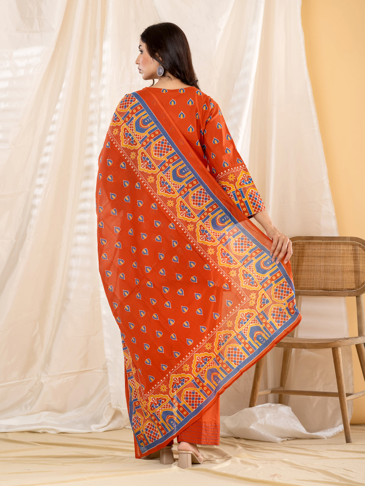 Rust orange ajrakh printed women salwar kurti set