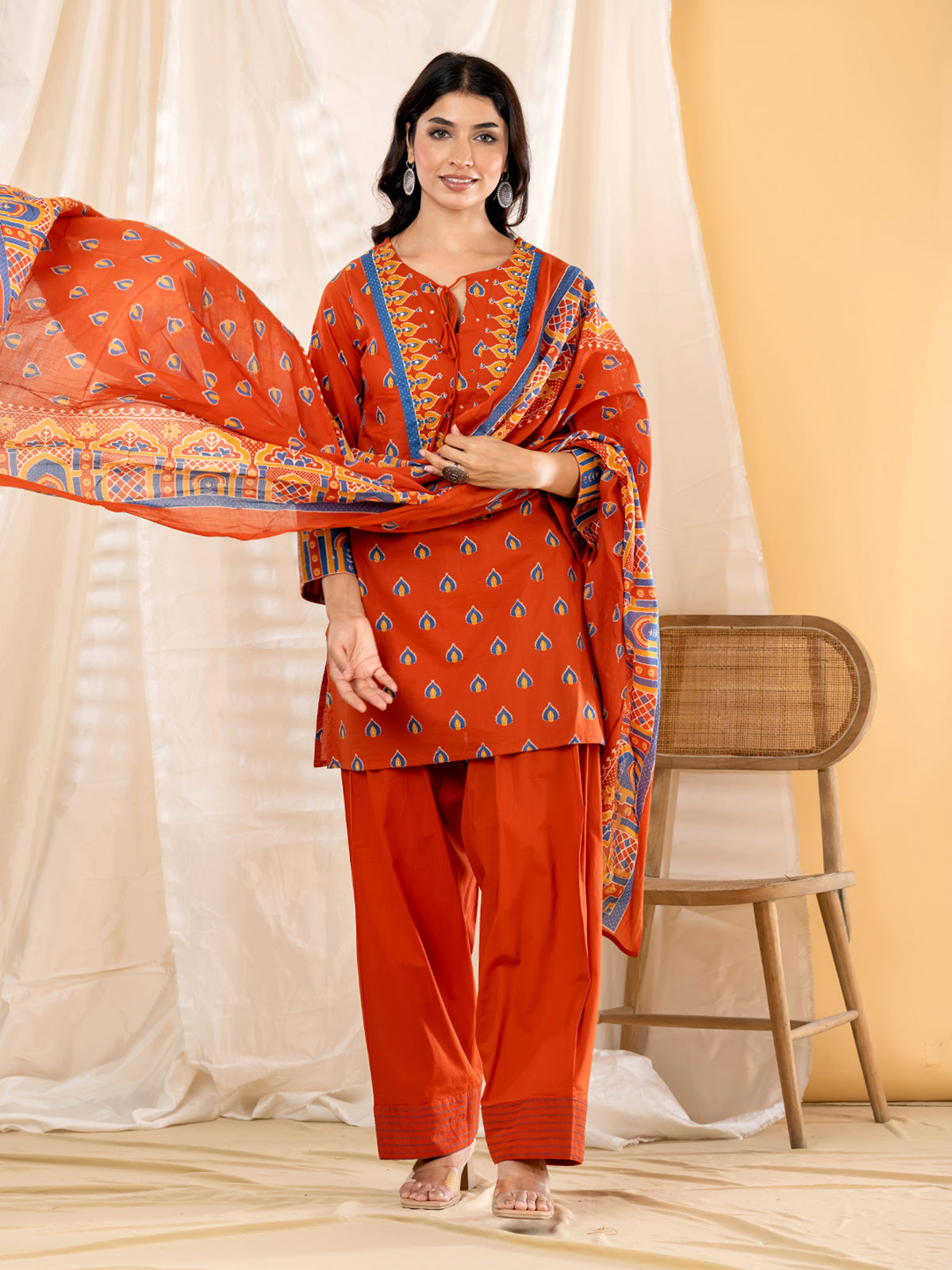 Rust orange ajrakh printed women salwar kurti set