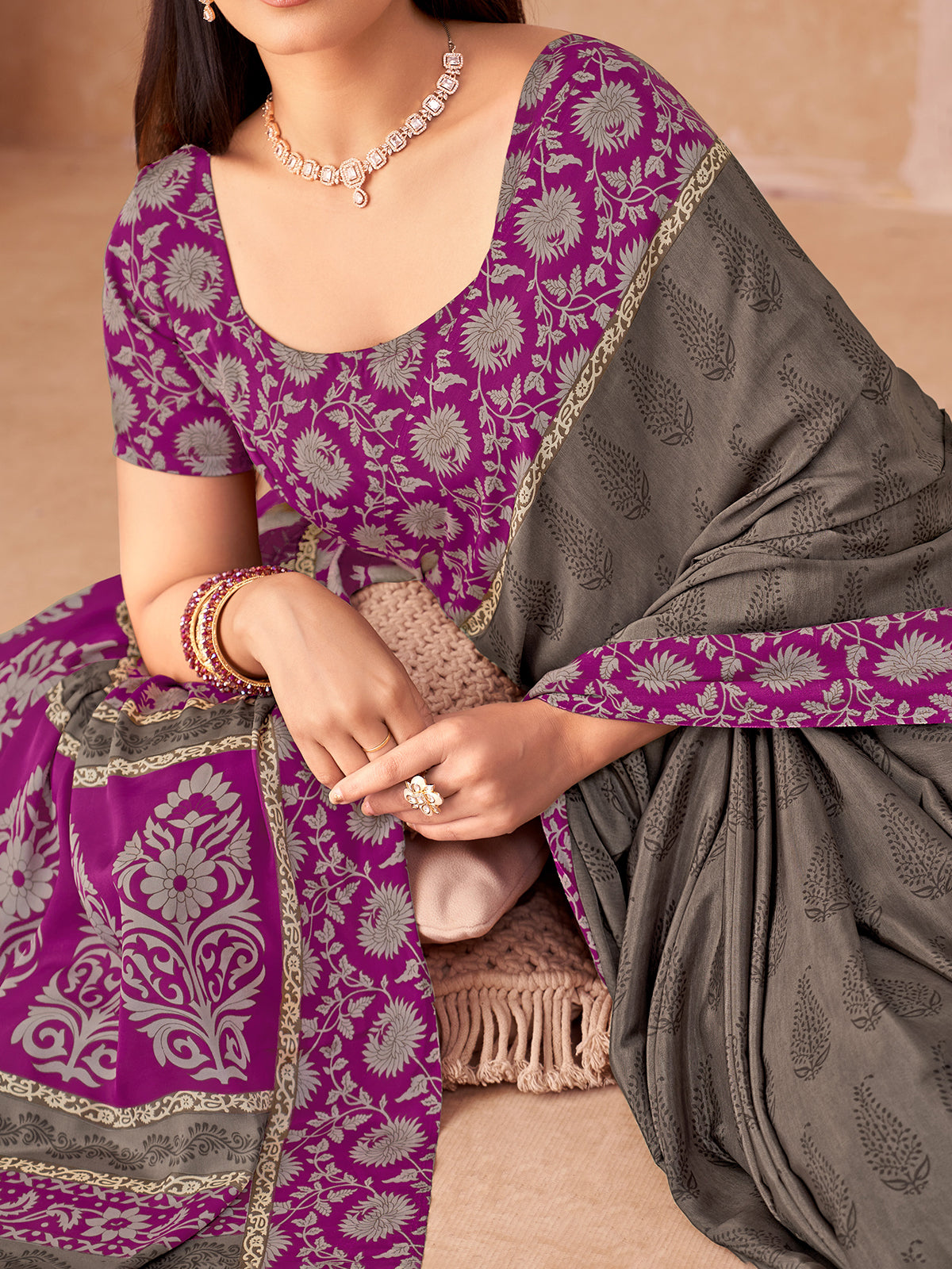 Pink printed crepe silk saree with unstitched blouse