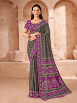 Pink printed crepe silk saree with unstitched blouse