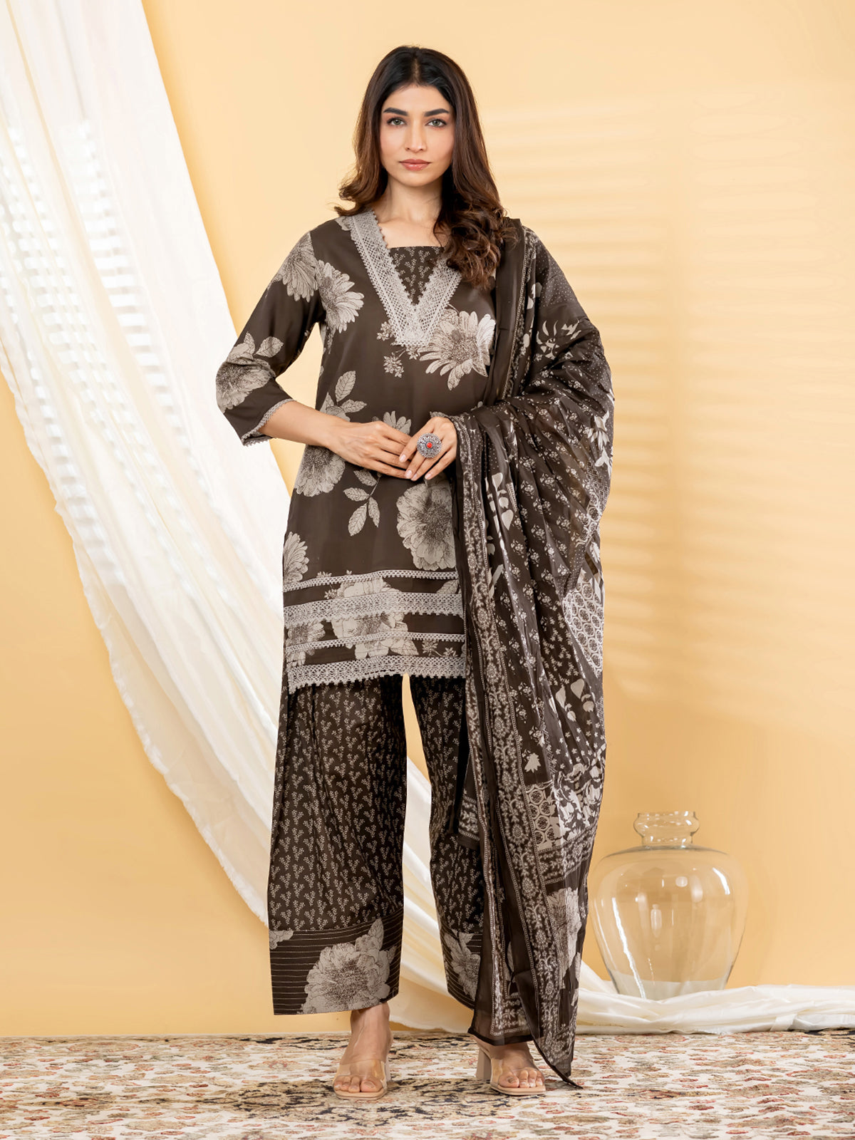 Deep charcoal floral women palazzo kurti set