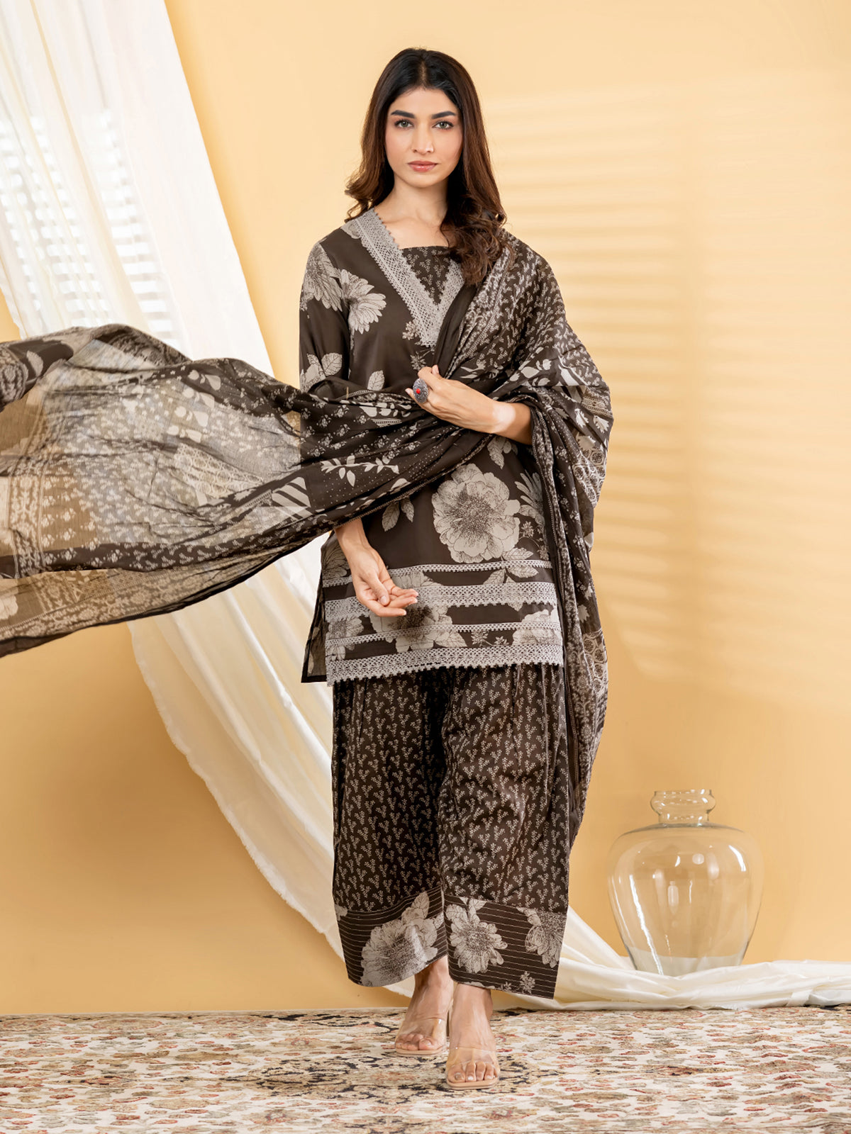 Deep charcoal floral women palazzo kurti set