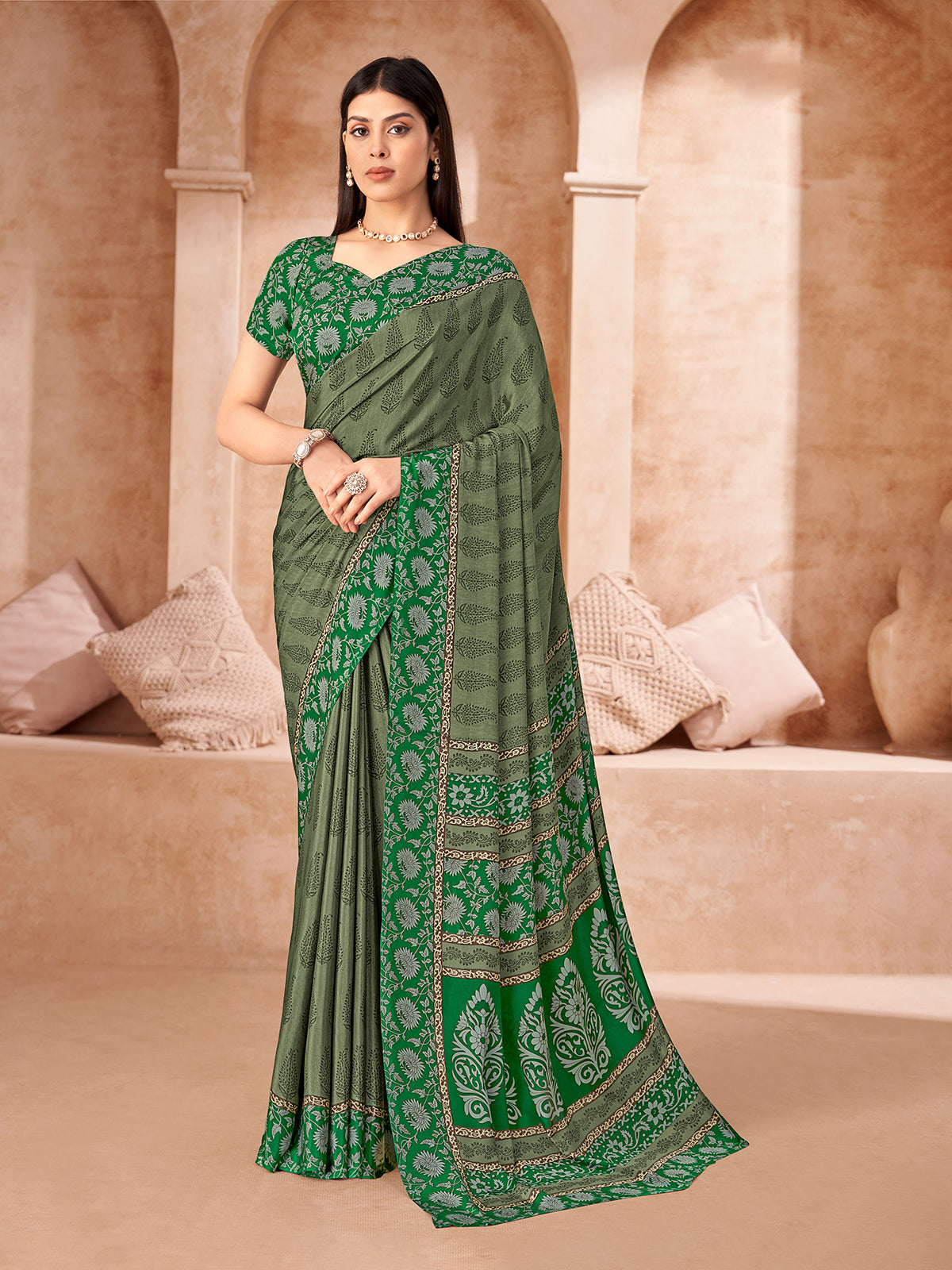Green printed casual crepe silk saree with unstitched blouse