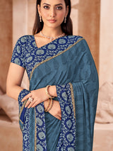 Blue printed crepe silk saree for casual