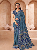 Blue printed crepe silk saree for casual