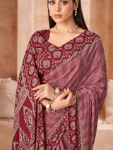 Red printed crepe silk saree with unstitched blouse