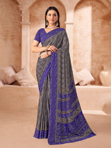 Grey printed crepe silk saree with unstitched blouse