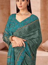 Sky blue printed crepe silk saree with unstitched blouse