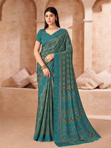 Sky blue printed crepe silk saree with unstitched blouse