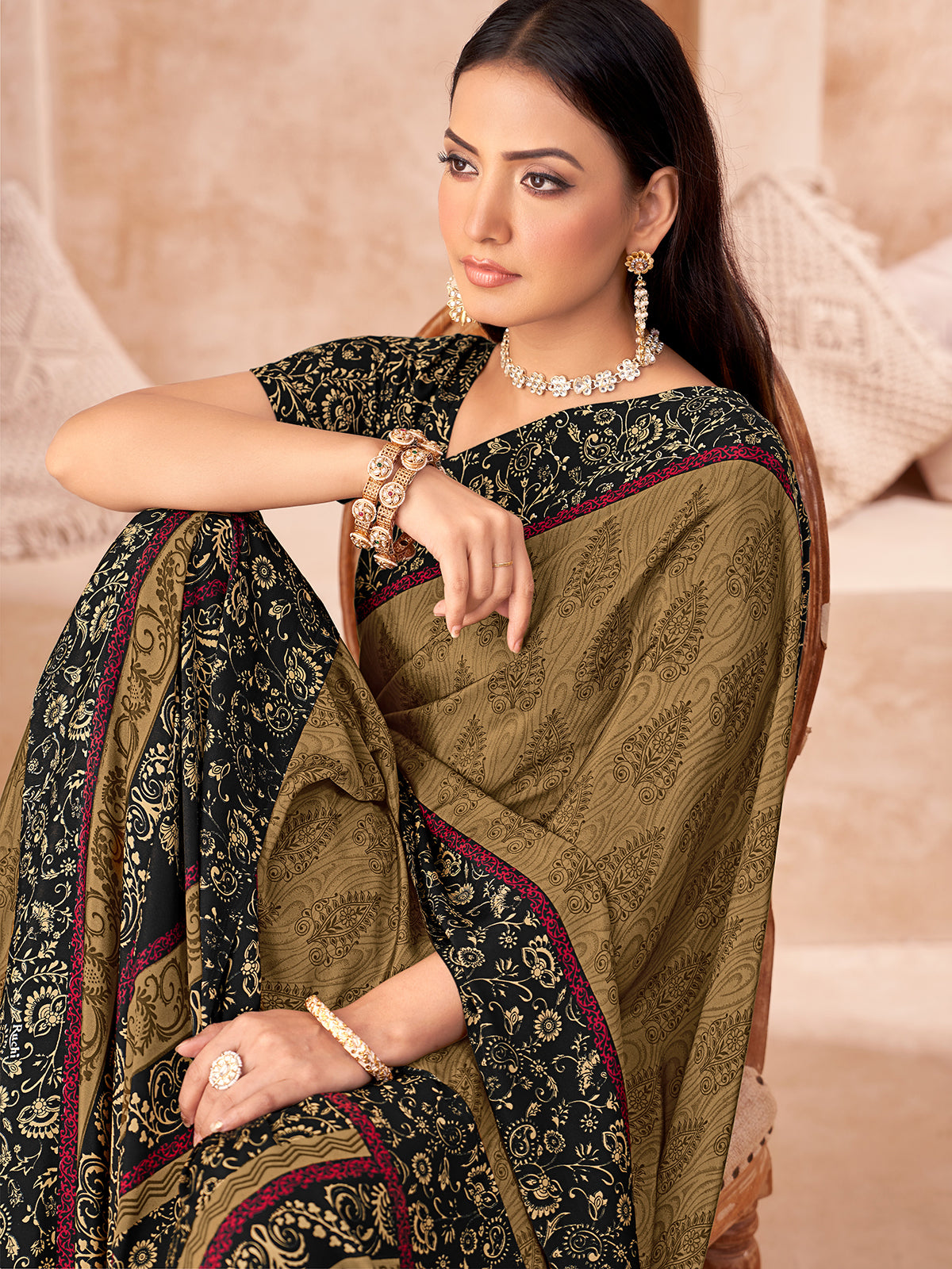 Mustard yellow printed crepe silk saree with unstitched blouse