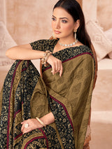 Mustard yellow printed crepe silk saree with unstitched blouse
