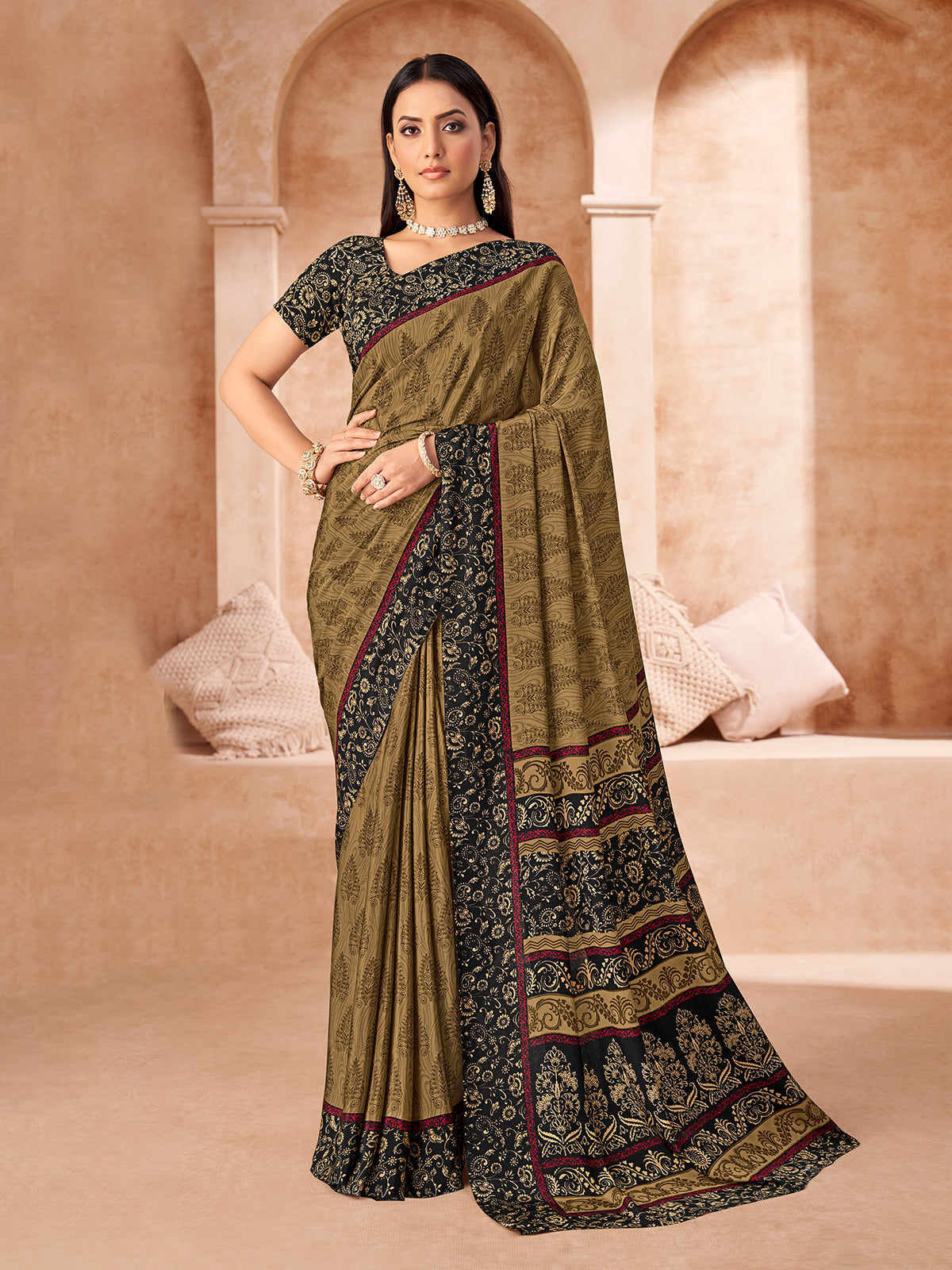 Mustard yellow printed crepe silk saree with unstitched blouse