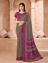 Rose pink printed crepe silk saree with unstitched blouse