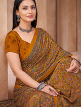 Yellow floral printed crepe silk saree