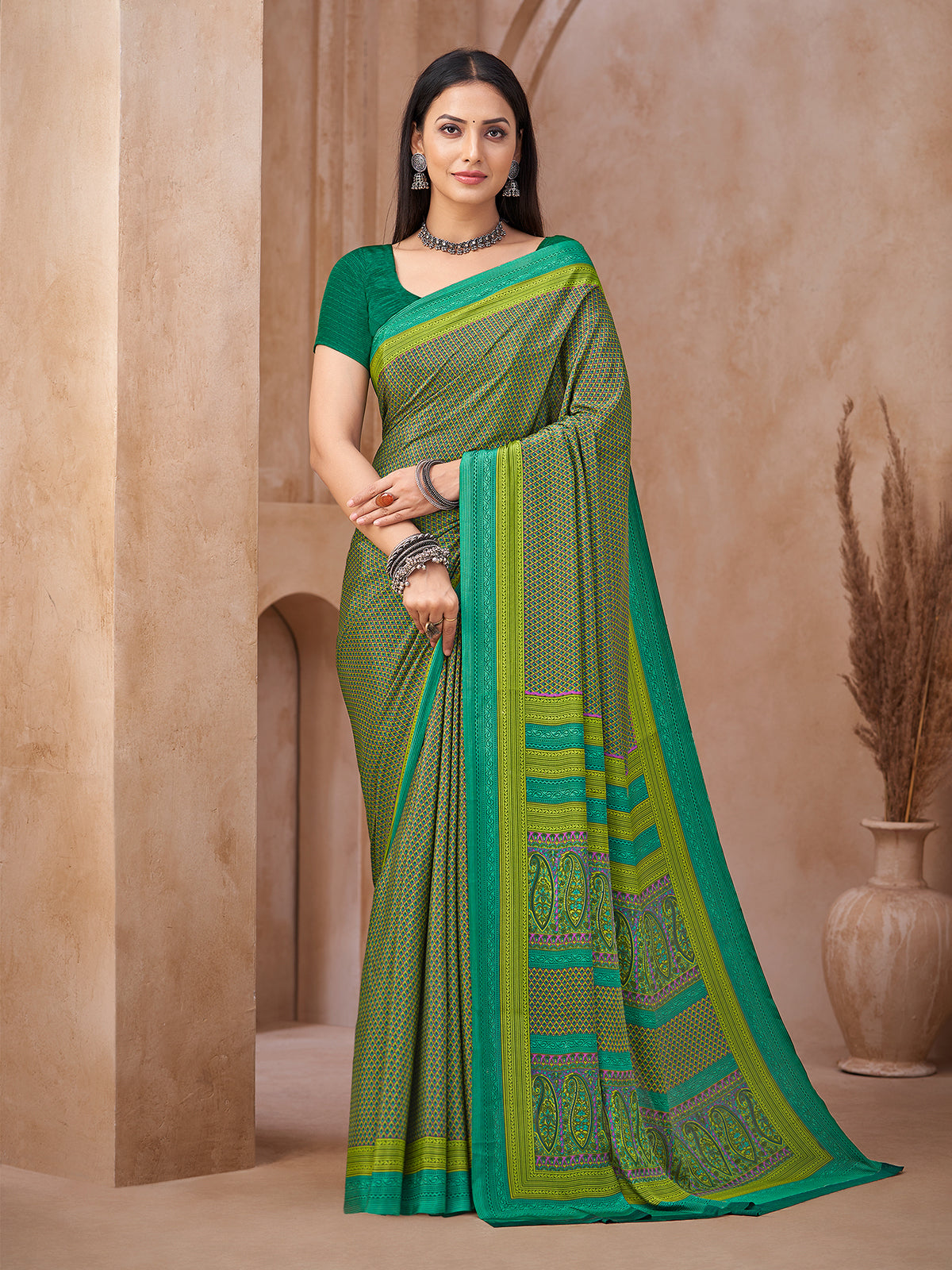Green geometric printed crepe silk saree