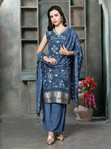 Blue women zari border printed palazzo set
