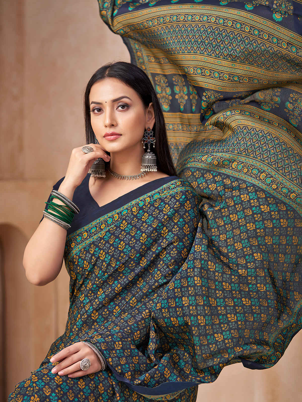 Blue floral printed crepe silk saree