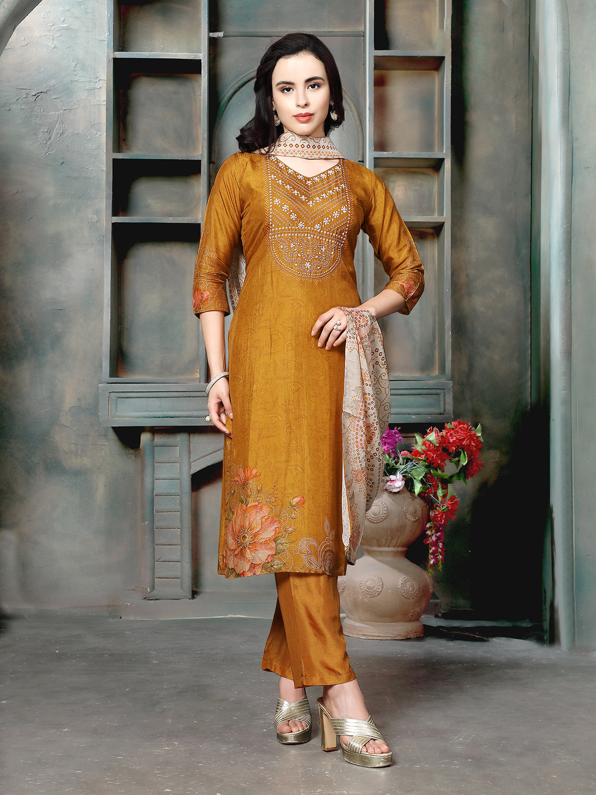 Mustard yellow women floral embellished kurti set
