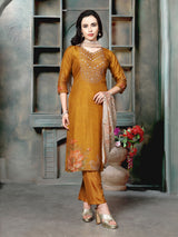Mustard yellow women floral embellished kurti set