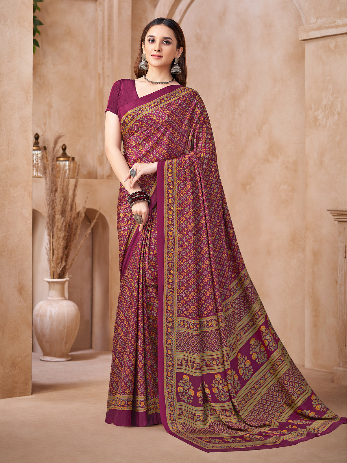Rani pink printed crepe silk saree