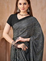 Black abstract printed crepe silk saree