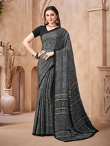 Black abstract printed crepe silk saree