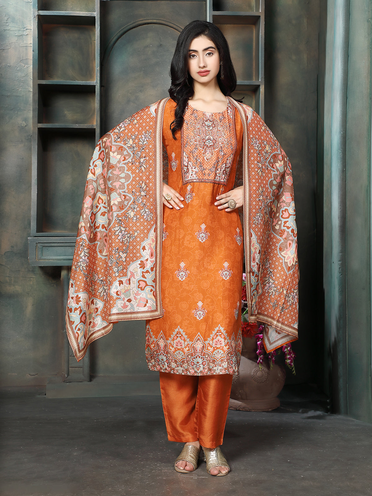Rust orange women mughal printed kurti set