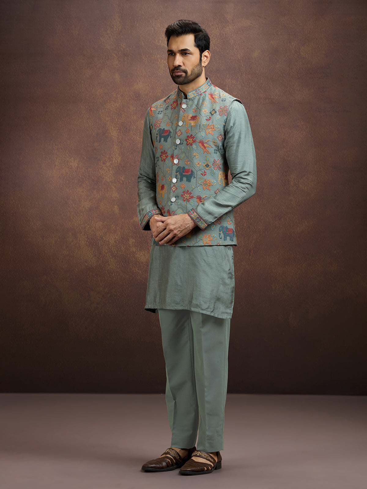 Sage grey folk embroidered silk waistcoat set