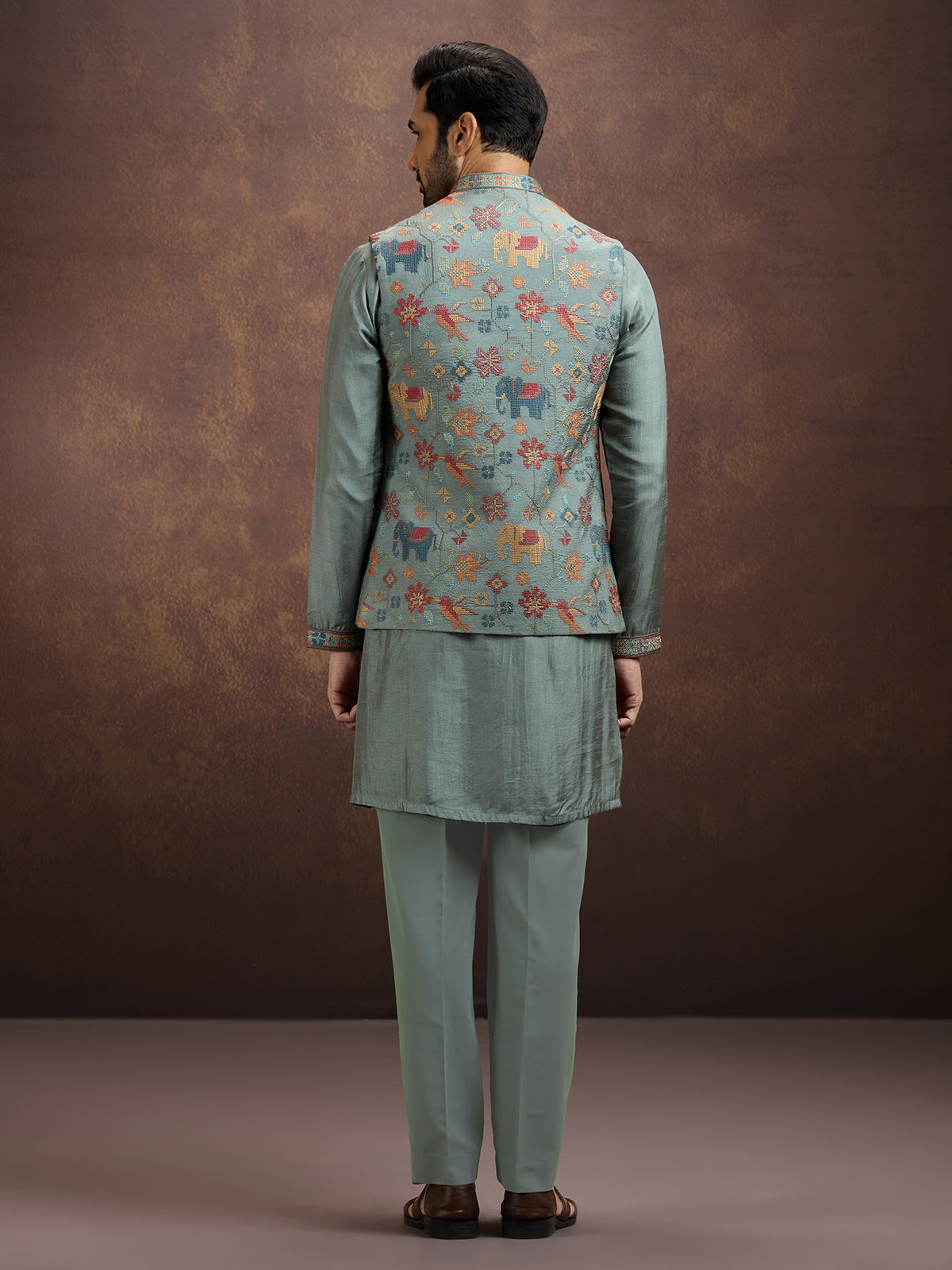 Sage grey folk embroidered silk waistcoat set