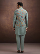 Sage grey folk embroidered silk waistcoat set