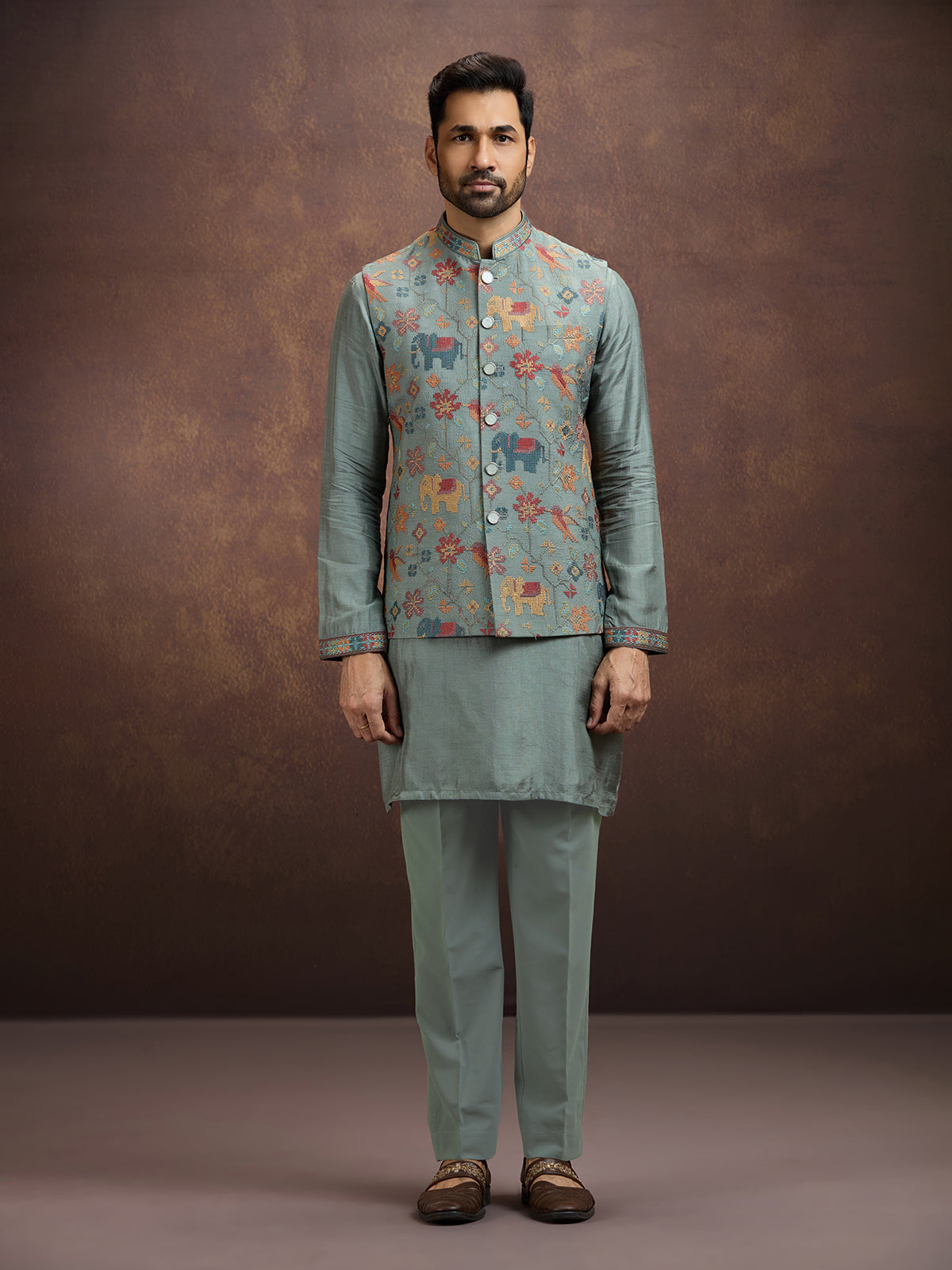 Sage grey folk embroidered silk waistcoat set