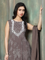 Muted charcoal brown women embroidered sharara set