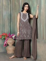 Muted charcoal brown women embroidered sharara set