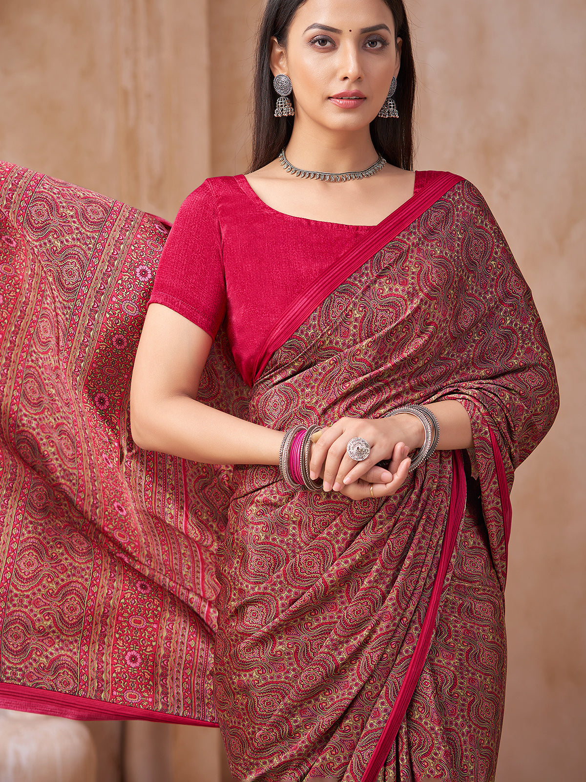 Red heritage printed crepe silk saree